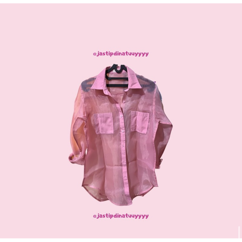 kemeja transparan organza soft pink (preloved)