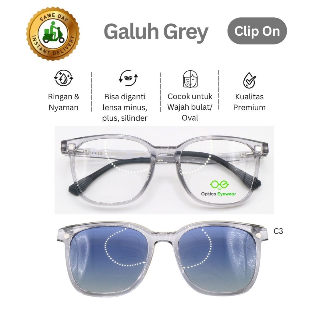Promo Frame Kacamata CLIP ON GALUH GREY C3, Lensa minus, plus, silinder, progresif, kualitas optik t