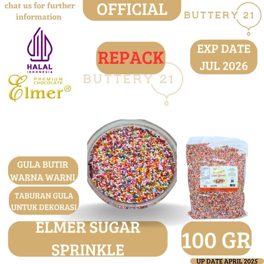 

REPACK ELMER SUGAR SPRINKLE 100 GR/SPRINKLE WARNA WARNI/GULA BUTIR/ TRIMIT/GULA BUITER WARNA WARNI