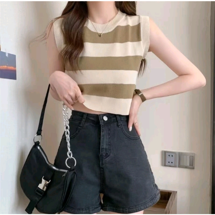 TanK top Wanita Korea / Crop Top inner Rajut Tank Top Strip Korean style