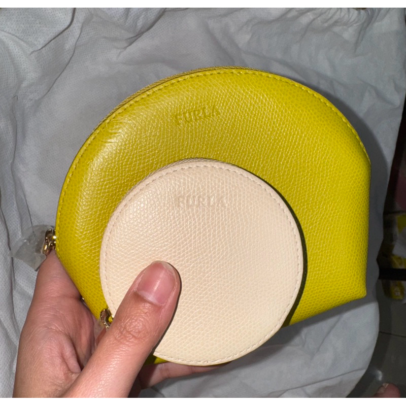 Furla Primavera Mini Pouch Set 2in1 Kuning & Krem - Dompet Koin & Kosmetik Preloved Ori