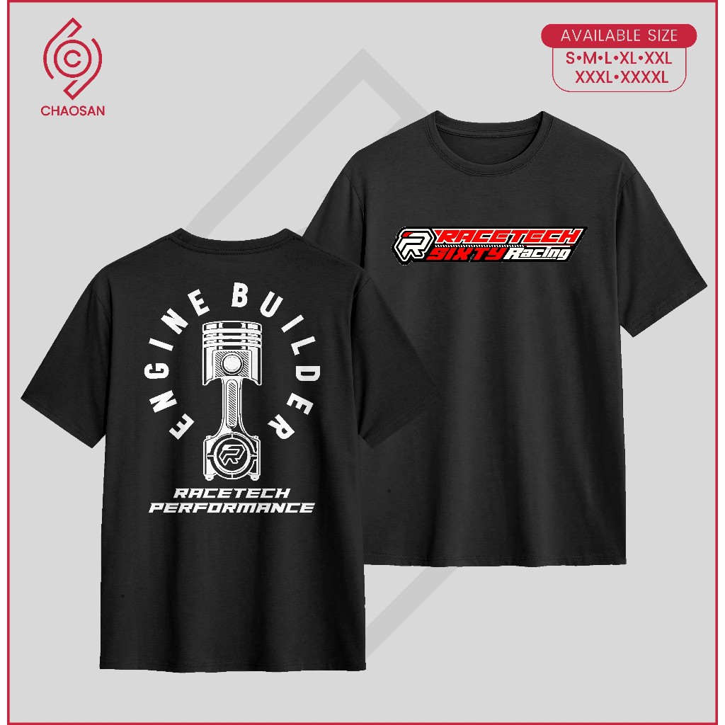 Tshirt Kaos Racetech Performance Engine Builder-Baju Pria Combed 24s Hitam Putih Casual Distro