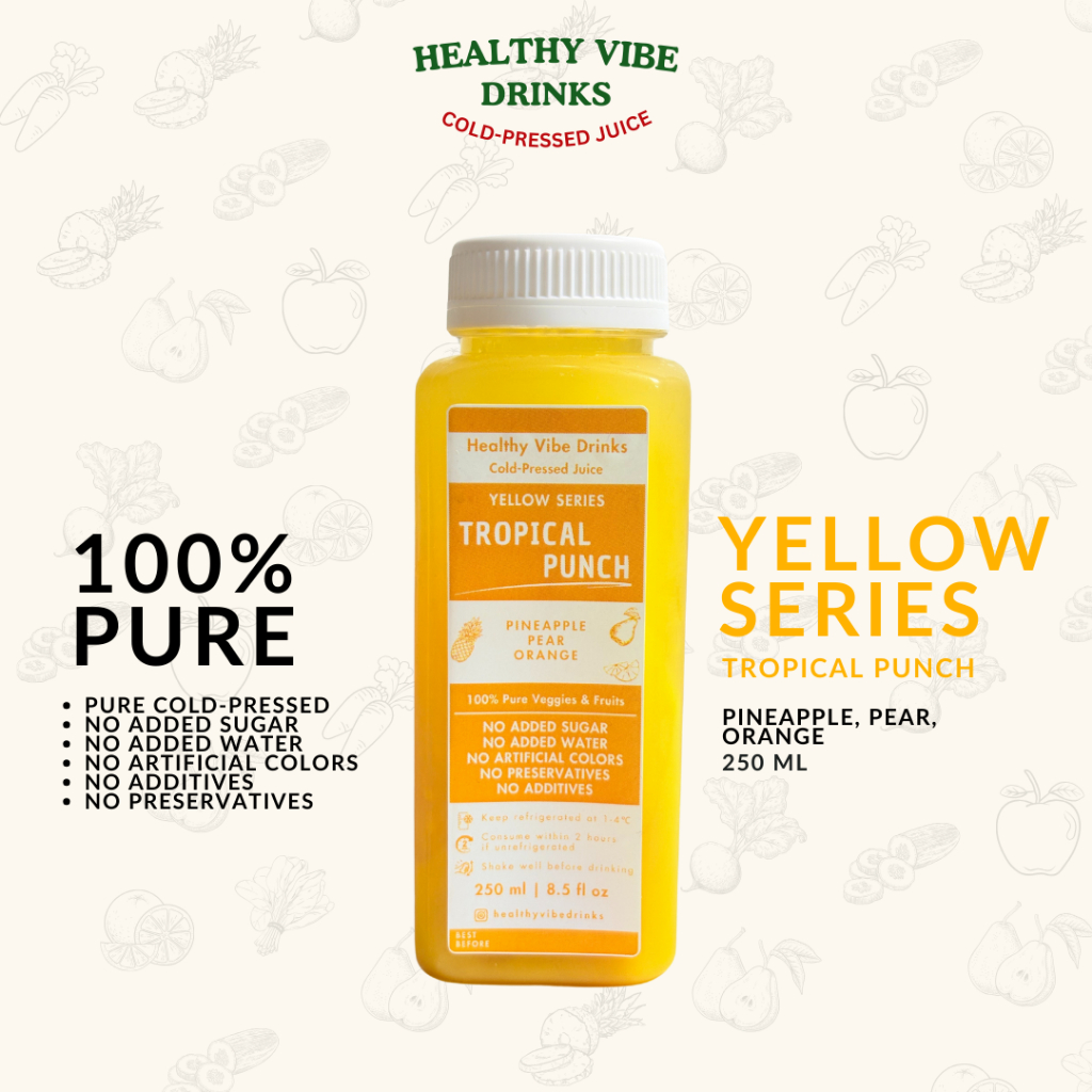 

Cold Pressed Juice - YELLOW SERIES TROPICAL PUNCH - Jus Nanas Pir Jeruk - 250ML (100% Pure)
