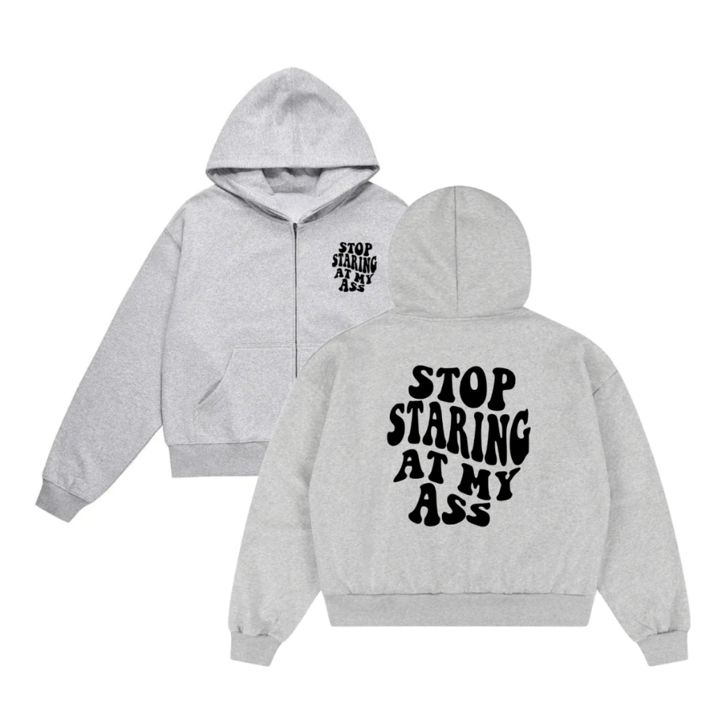 Hoodie Boxy Pria Zipper Stop Staring At My Ass Abu Misty / Hoodie Boxy Zipper/Hoodie Premium Boxy Fu