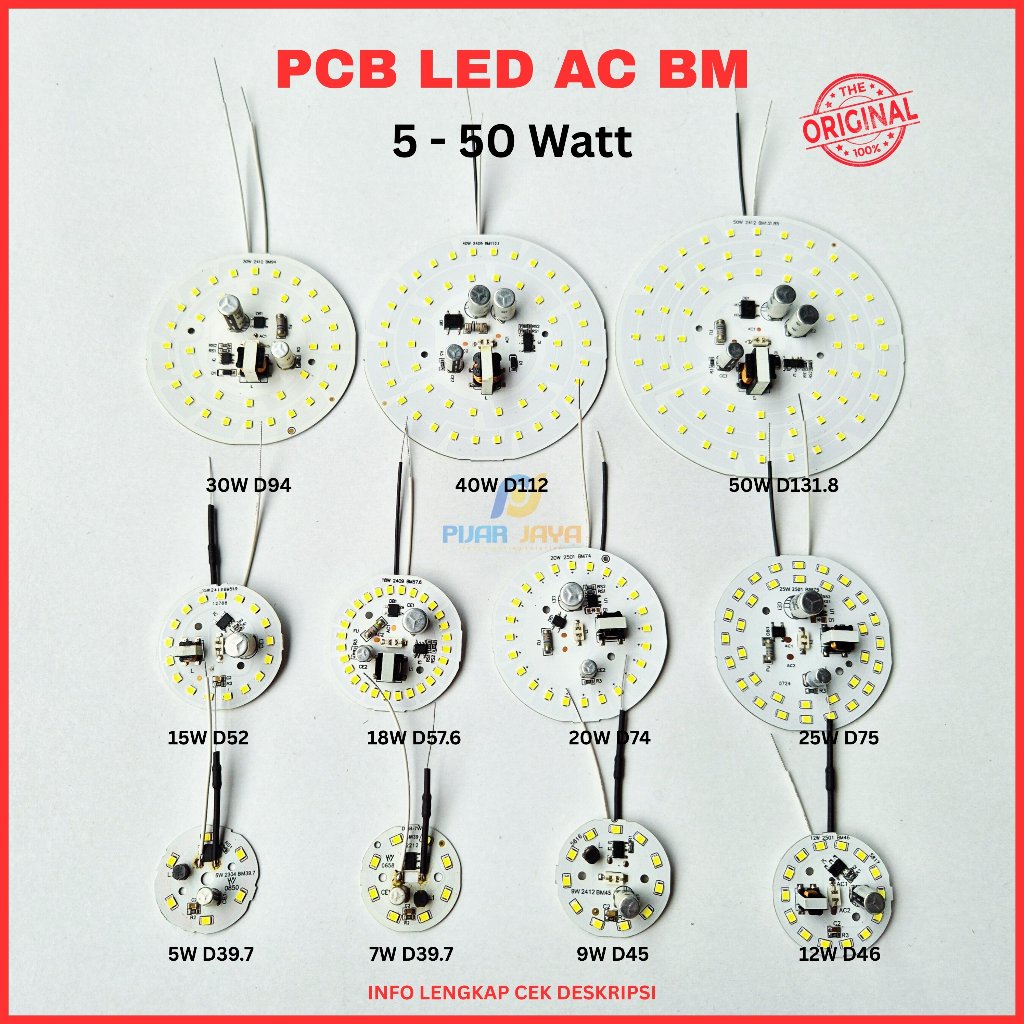 PCB LED AC BM Watt Lengkap 5 7 9 12 15 18 20 25 30 40 50 Watt DOB Mata LED AC Modul Mesin Lampu LED