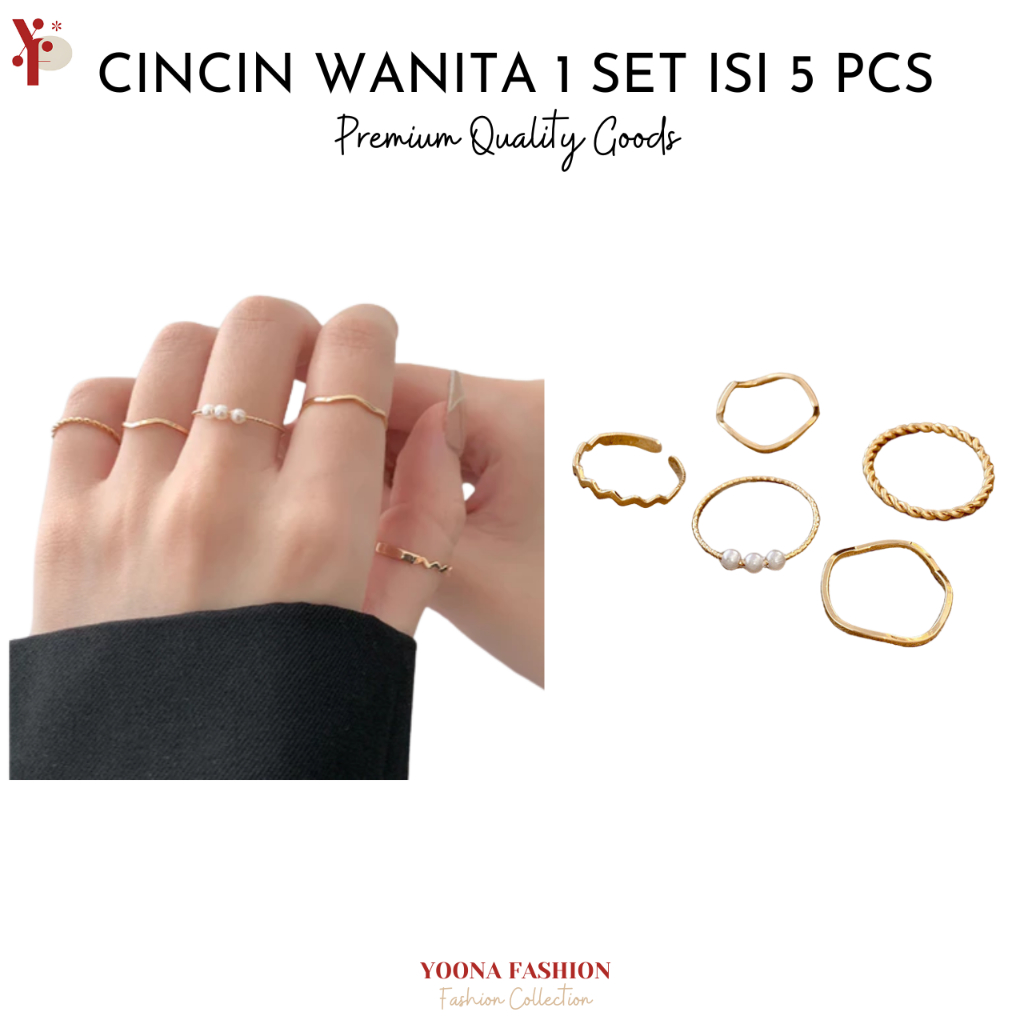 YN CC667 Cincin Perak Gold Wanita Isi 5 pcs Model Korea Aksesoris Fashion Cantik Elegan