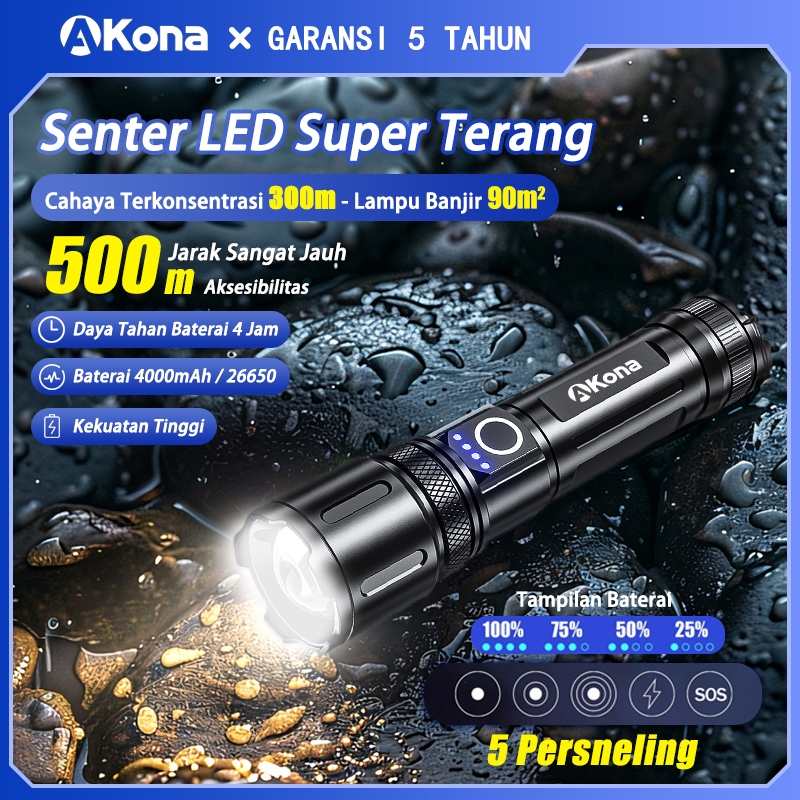 NEW PRODUCT AKONA SENTER LED SUPER TERANG JARAK JAUH 90000 LUMENS USB-C LAMPU SENTER CAS MULTIFUNGSI