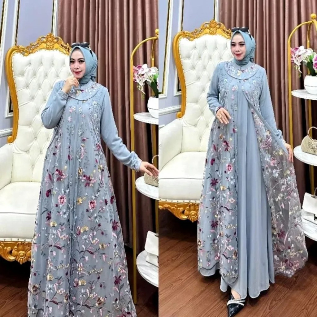 Gamis Pesta Kondangan Kekinian Diandra Dress BP Bahan Ceruty Babydoll Mix Tille Garden Aplikasi Paye