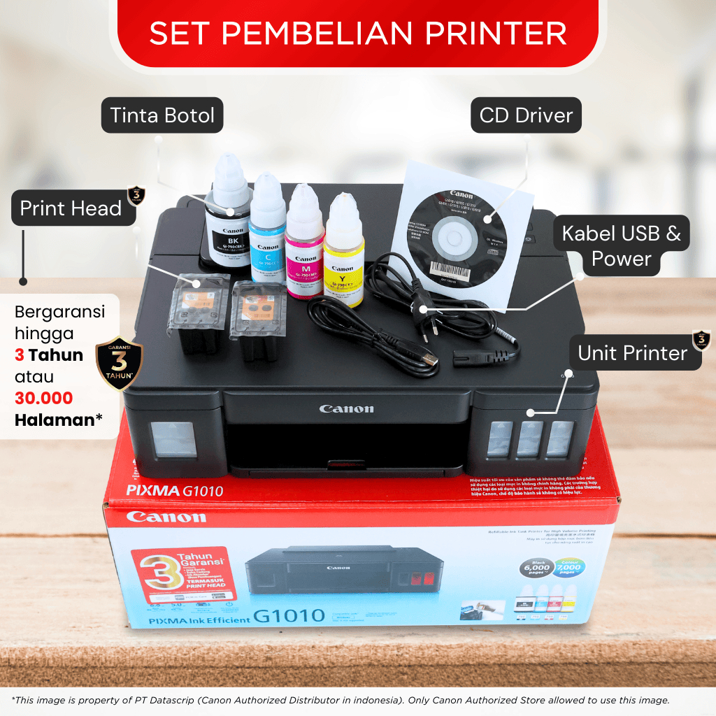 Printer Canon G1010 – Ink Tank Print Only Cetak 7000 Lembar – Garansi 3 Tahun – Roller Super Kuat