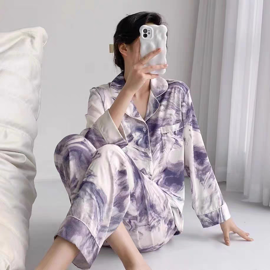 Baju tidur satin wanita tie dye piyama lengan panjang elegan mewah pakaian rumah wanita korea style