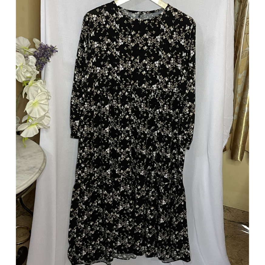 [PRELOVED] Gamis Wanita Bunga Floral Black White Hitam Putih Big Size Ukuran Besar | Baju Panjang Wa
