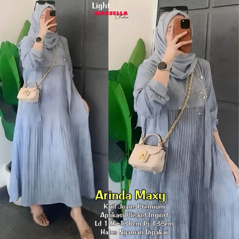 Arinda Baju Gamis Ld130 120 Knit Jens Mix Plisket Premium Polos Cantik Viva Shava