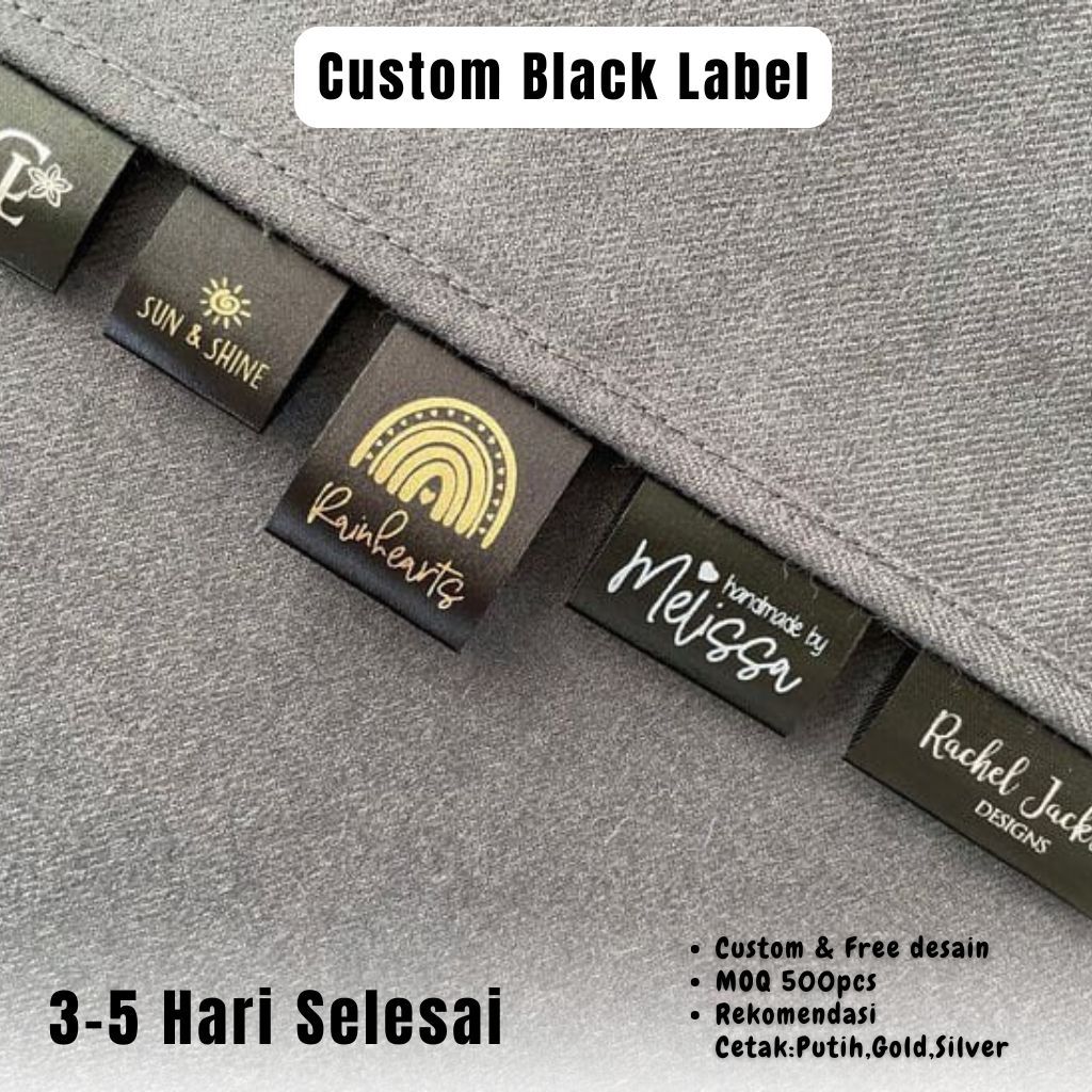 500pcs label satin hitam | satin sablon | label premium label hijab/label washing | label pencucian
