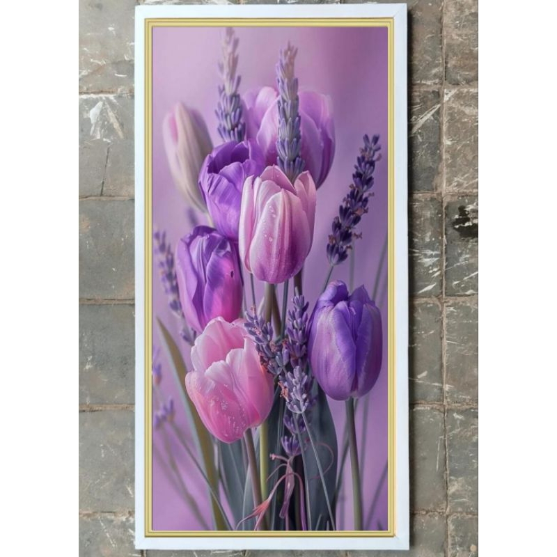 Hiasan dinding lukisan cetak Bunga Tulip Ungu aesthetic plus Bingkai ukuran 100cm×50cm