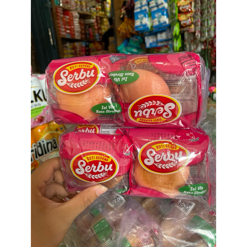 

Roti Gepeng Serbu rasa vla stroberi 1 pak isi 10bungkus