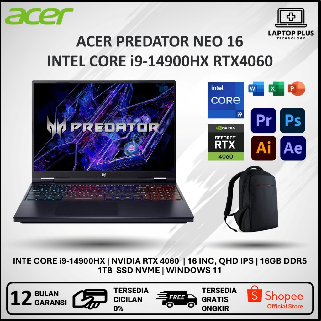 Acer Predator Helios Neo 16 Laptop Gaming i9 14900HX, RTX 4060, RAM 16GB, SSD 1TB Windows 11