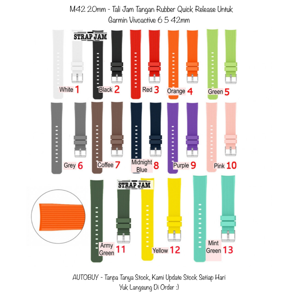 M42 Tali Jam Tangan Smartwatch Garmin Vivoactive 6 5 3 42mm - Strap 20mm Rubber Silikon Bergaris Ane