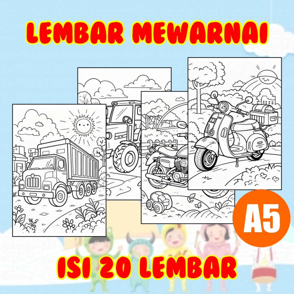 

20 LEMBAR KERTAS MEWARNAI ANAK UKURAN A5 - TEMA KENDARAAN