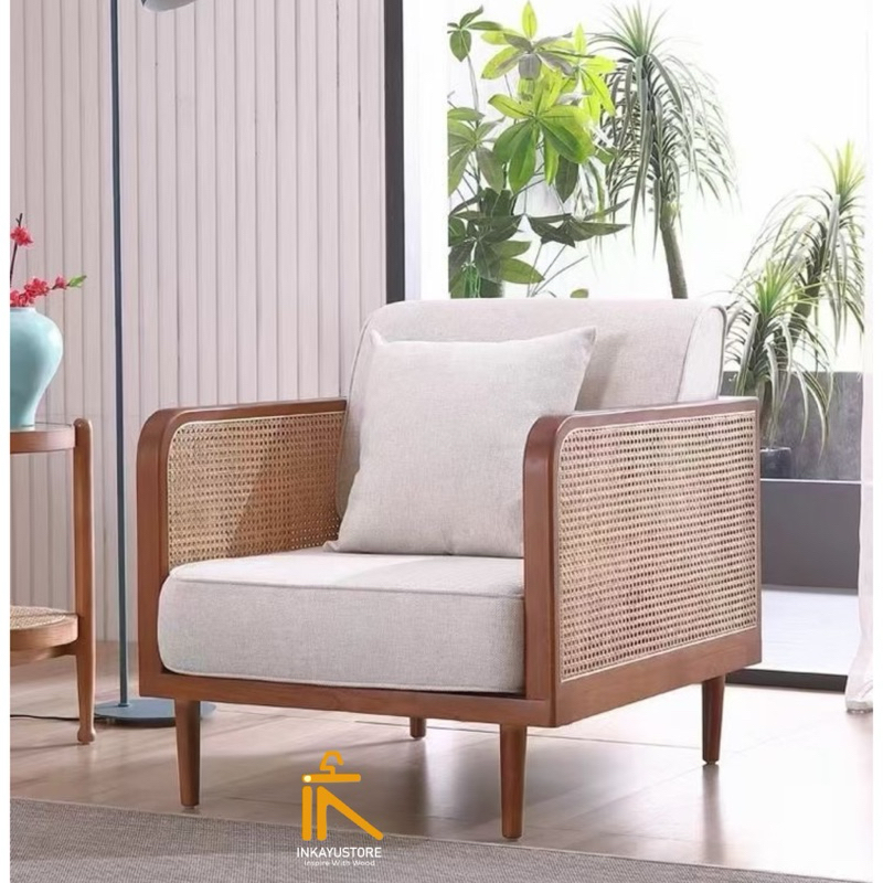 Sofa elegant kayu jati solid mix rotan, Sofa tamu modern kayu jati solid