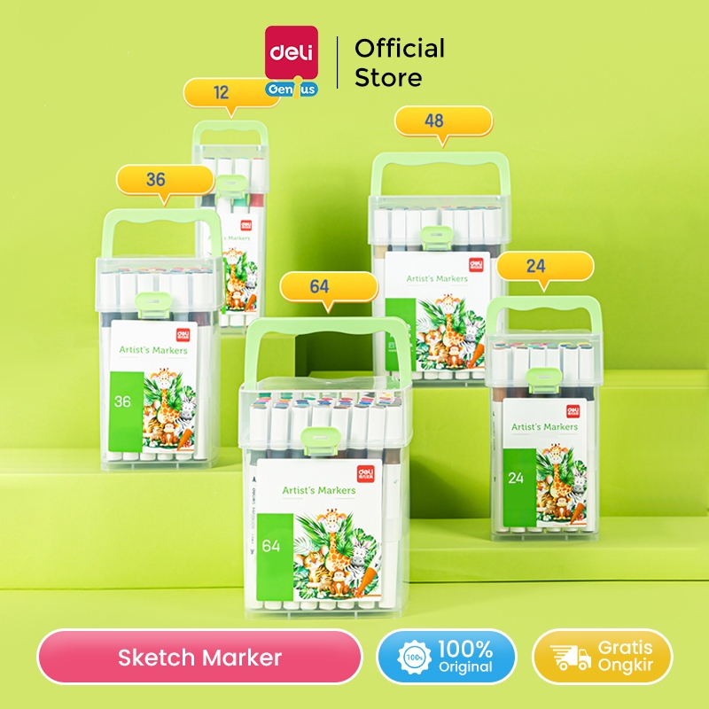 

Deli Spidol Sketsa / Sketch Marker 12 64 Warna Dual Tip Non Toxic HM102