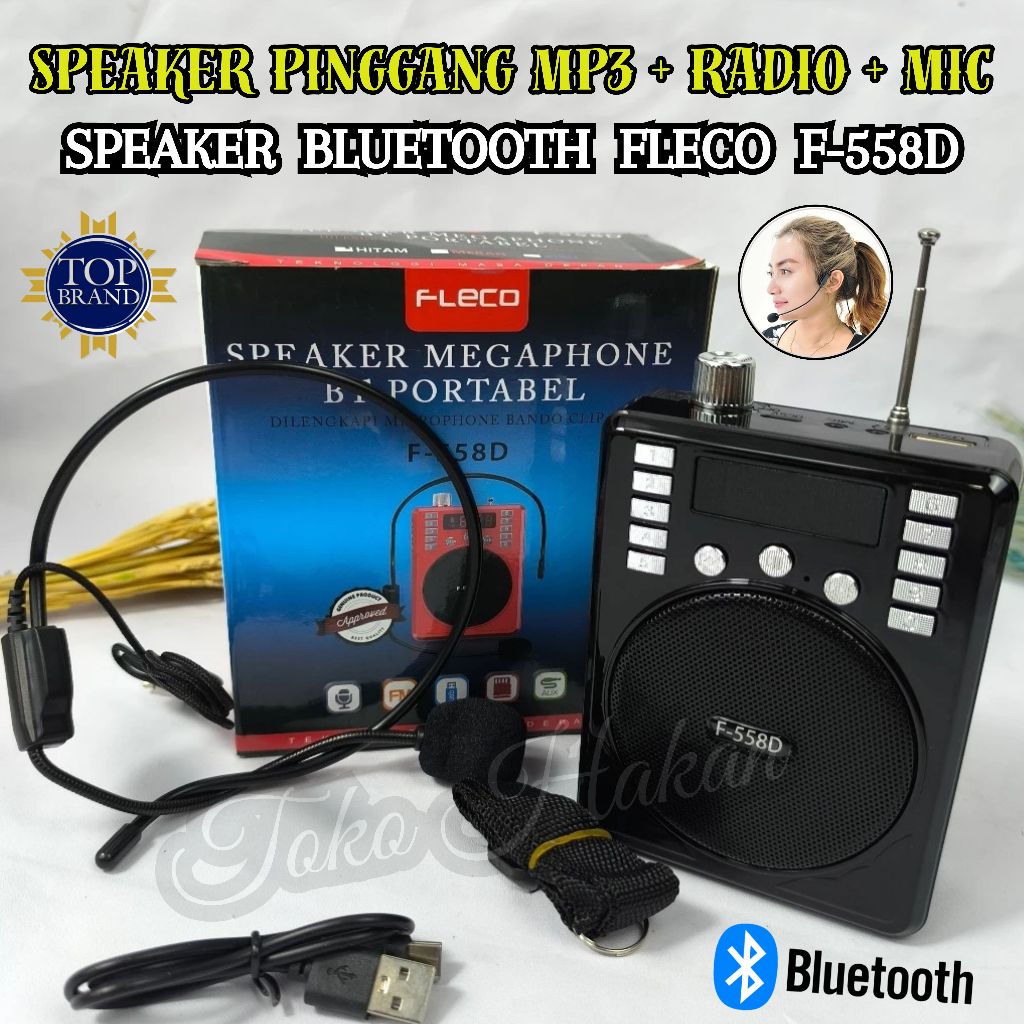 Terlaris ~Speaker Pinggang MP3 + Radio + Mic Fleco F-558D (Bluetooth) Mic Telinga Clip On + Speaker 