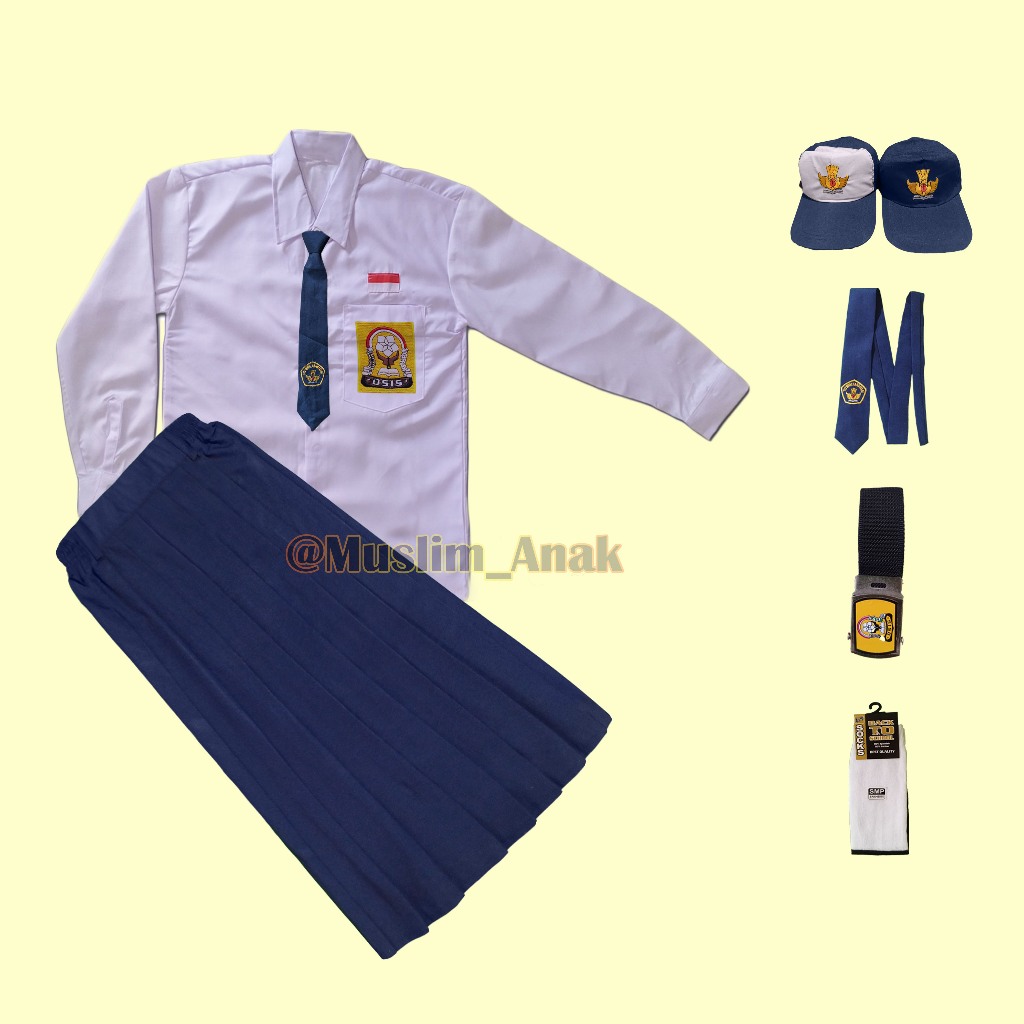 Set Seragam Biru Putih SMP Rok Panjang Baju Panjang