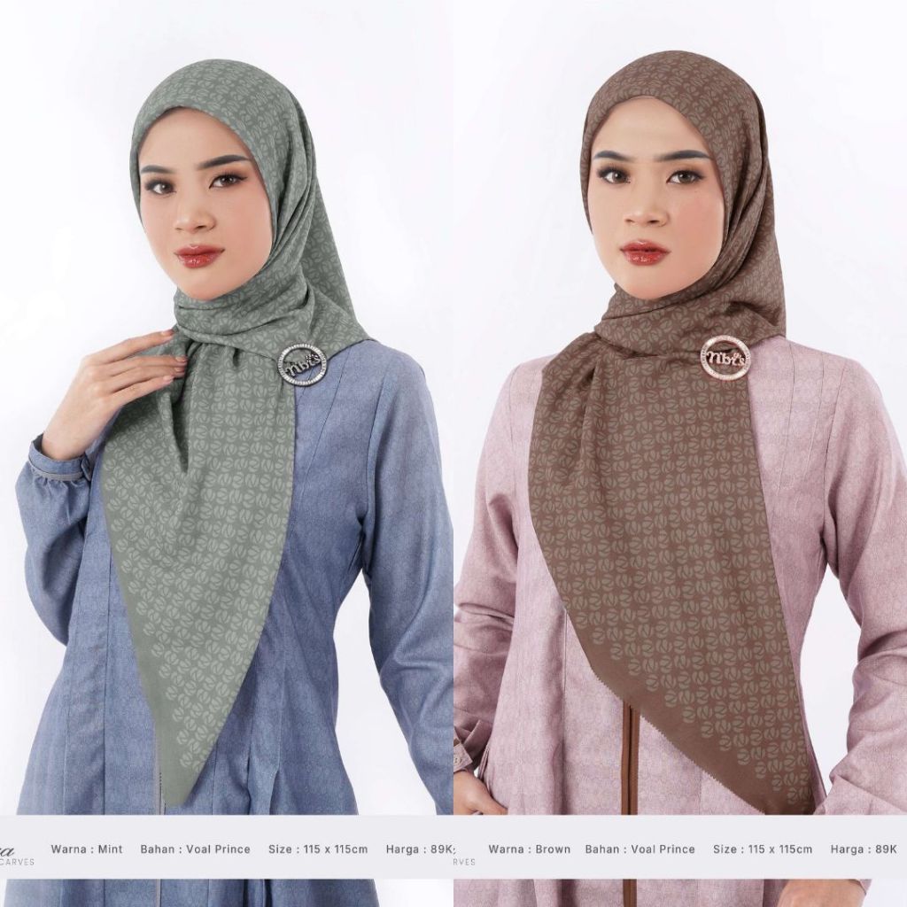 Nibras Safiya Scarves Hijab Segiempat 115x115 cm Motif Monogram Warna Mint Brown Voal Prince Terbaru