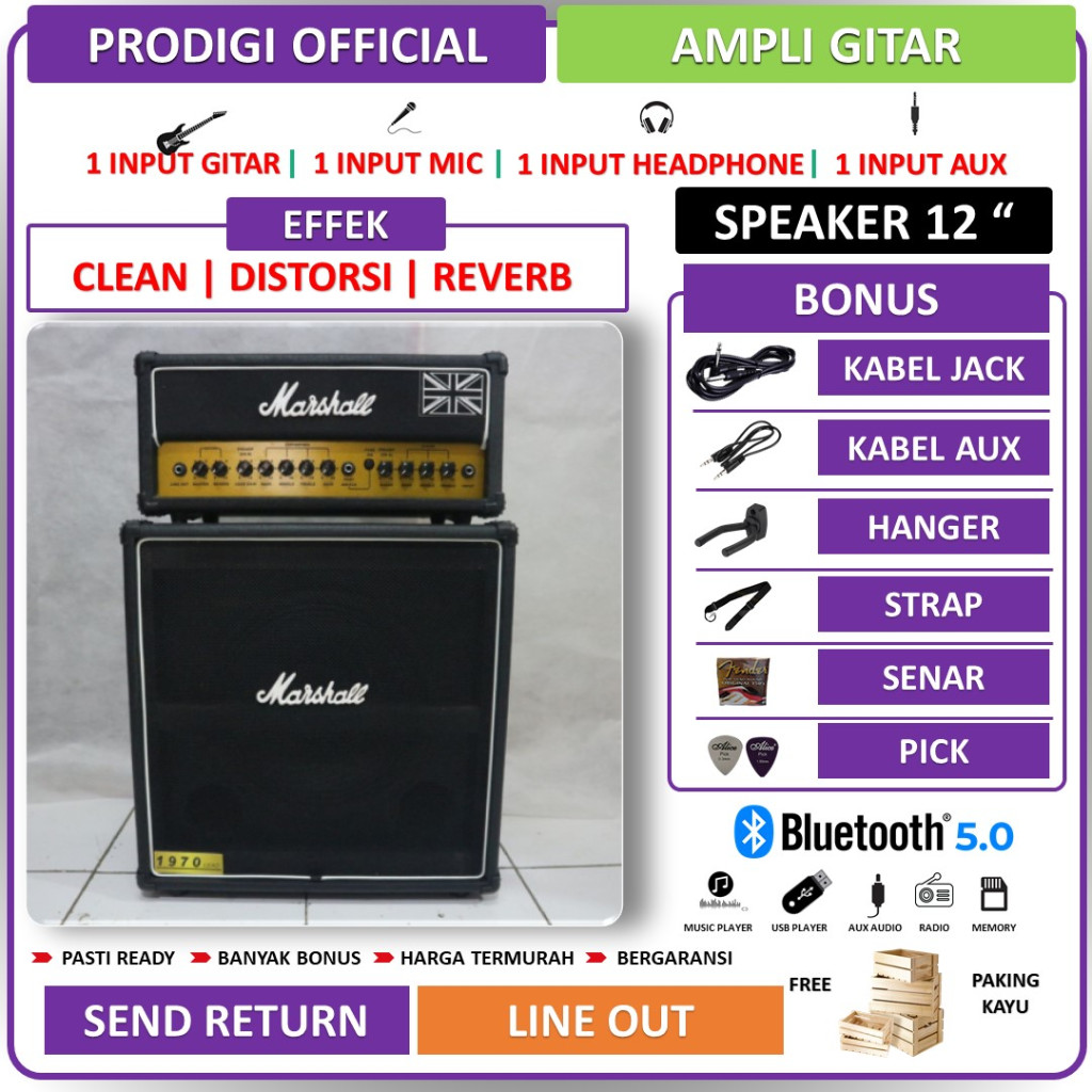 Ampli Gitar & Bass 12 Inch bluetooth bisa untuk karaoke Marshall 3 Input Head Cabinet Bonus Kabel Ja