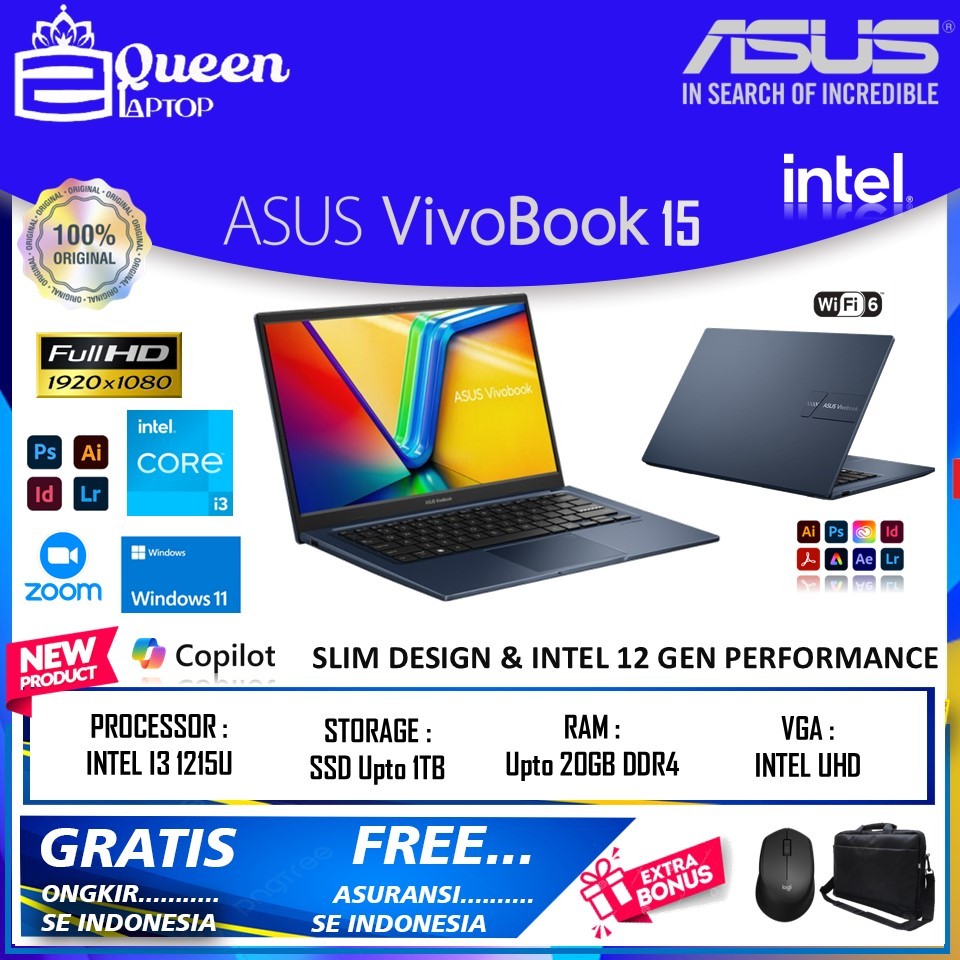 Laptop Asus Vivobook 15 F1504ZA INTEL CORE I5 1235U RAM 24GB 1TB SSD FHD WIN 11 HOME ORIGINAL