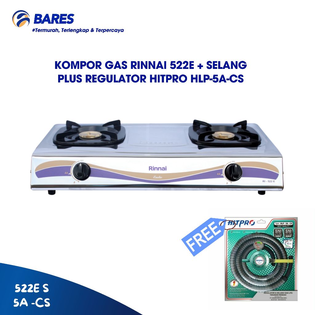 Rinnai RI 522 E Kompor Gas 2 Tungku / Kompor Gas Rinnai RI 522 E Free Selang Regulator Hitpro HLP-5A