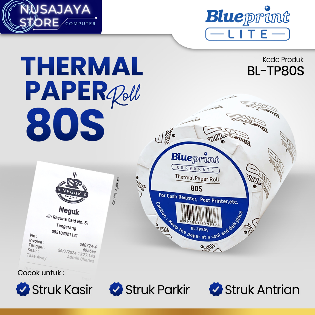 

Kertas Thermal / Kasir / Struk LITE-BLUEPRINT 80x70 / 80S 1 ROLL