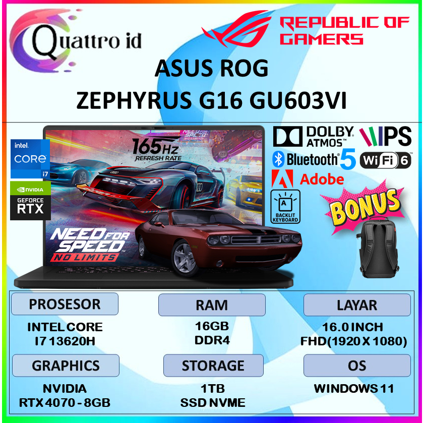 Asus ROG Zephyrus G16 GU603VI Intel Core i7 13620H 16GB Ssd 1TB Layar 16.0 Inch Full HD RTX 4070 8GB