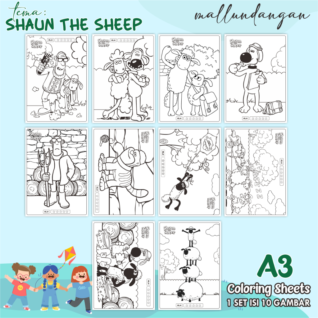 

LEMBARAN MEWARNAI ANAK A3 - TEMA SHAUN THE SHEEP - PAPER COLORING SHEETS FOR KIDS