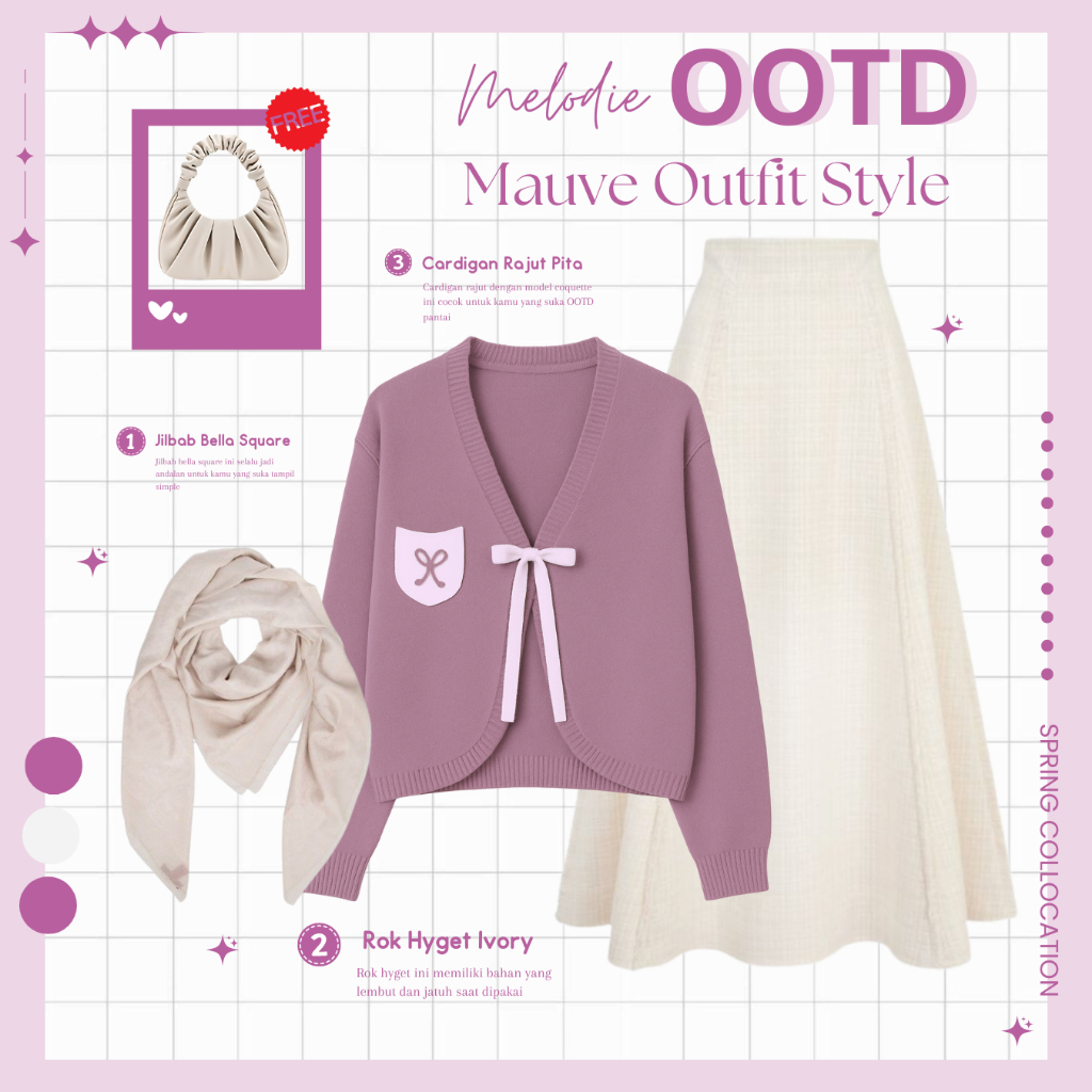 Outfit Rok Korean Style Hijab | Bella Square Cream, Cardigan Rajut Mauve, Rok Polos Ivory | Outfit R