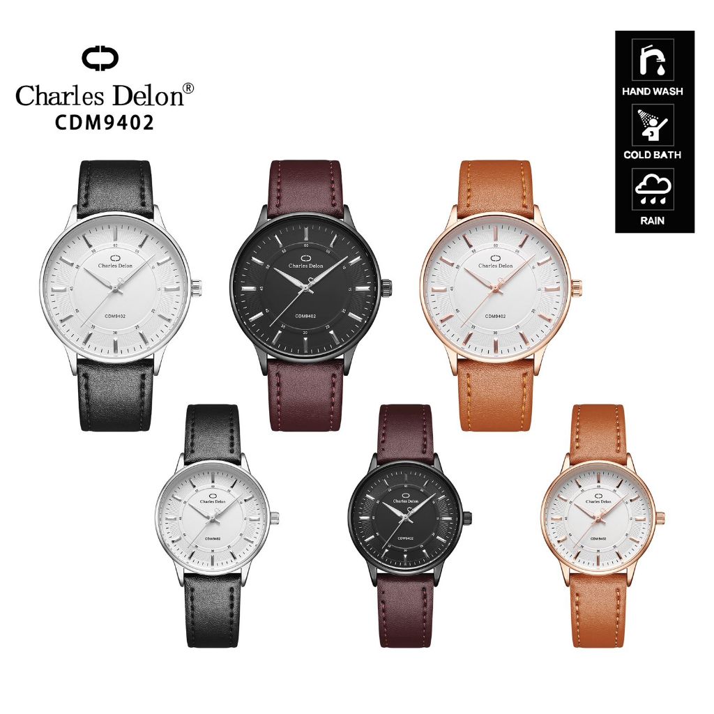 Jam Tangan Wanita Pria Couple Watch Kulit Anti Air Box Original Charles Delon 9402
