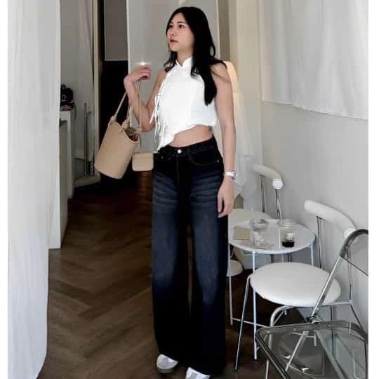 Celana HighWaist Kulot Skena Jeans Wanita Polos Hitam - Bahan Jeans Import Premium - Cewek, Denim