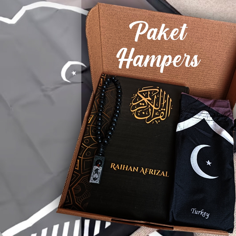 HAMPERS ALQURAN CUSTOM NAMA PLUS SAJADAH UKURAN A5 DAN A6/HAMPERS AL QURAN CUSTOM