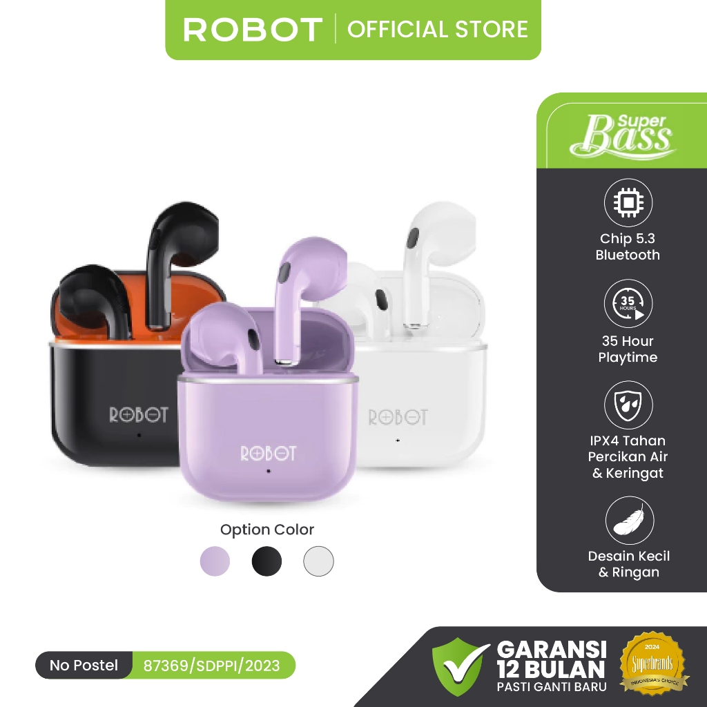 ROBOT Earphone Wireless Earbud TWS Bluetooth Headset Tahan Air Keringat BT 5.3 T50S Waterproof IPX4 