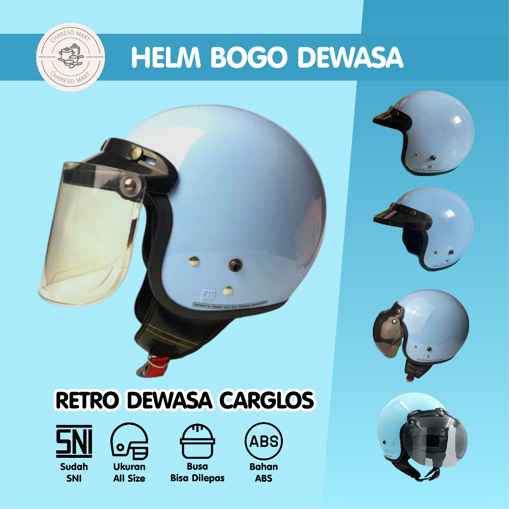 Helm Bogo Retro Dewasa Wanita Pria Carglos Biru SNI Full Leher Hijabers