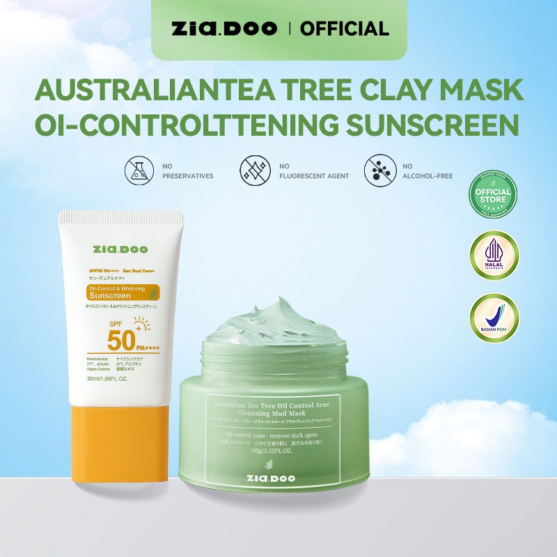 ZIA.DOO Australian Tea Tree Oil Clay Mask 100g + Sunscreen SPF50 PA++++ 30ml | Paket Perawatan Wajah