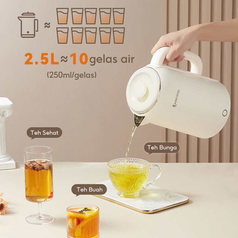 TERBARU HAN RIVER 2.5L TEKO LISTRIK TEKO PEMANAS AIR LISTRIK 304 STAINLESS