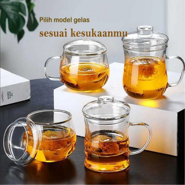 Gelas Kaca Glass Infuser Teapot Aesthetic / gelas teh dengan saringan dan tutup Cangkir Teko Teh Kac