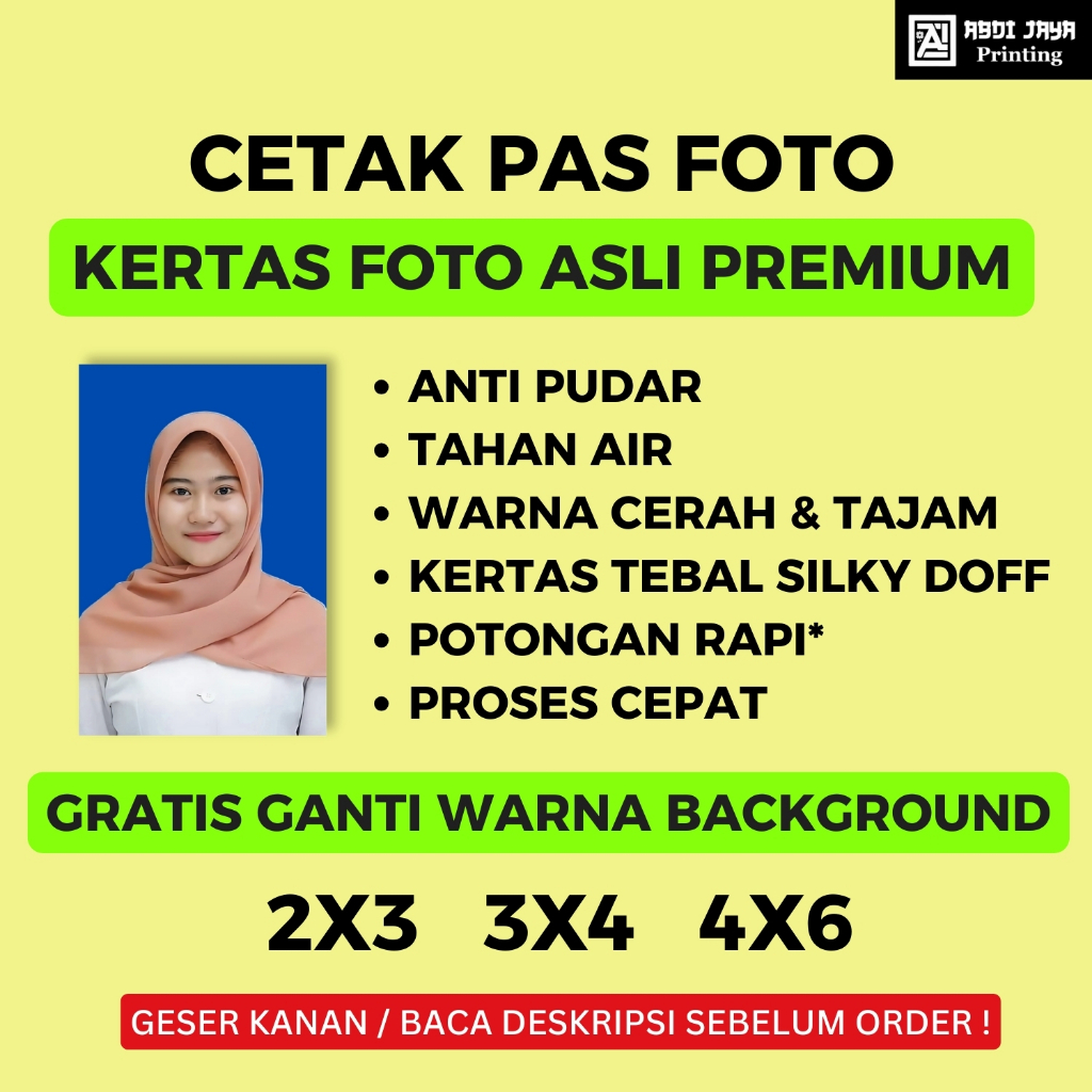 Cetak Pas Foto 2x3 3x4 4x6 KERTAS FOTO PREMIUM DOFF / Glossy Gratis Ganti background