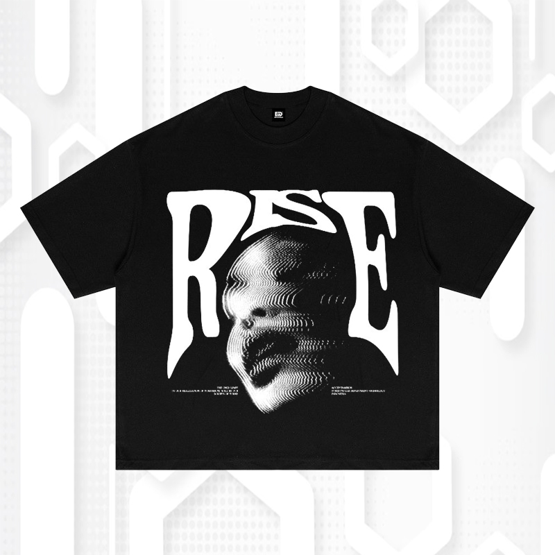 Kaos Distro Pria "RISE" - Desain Grafis Wajah Abstrak Hitam-Putih dengan Typography Bold Urban Trend
