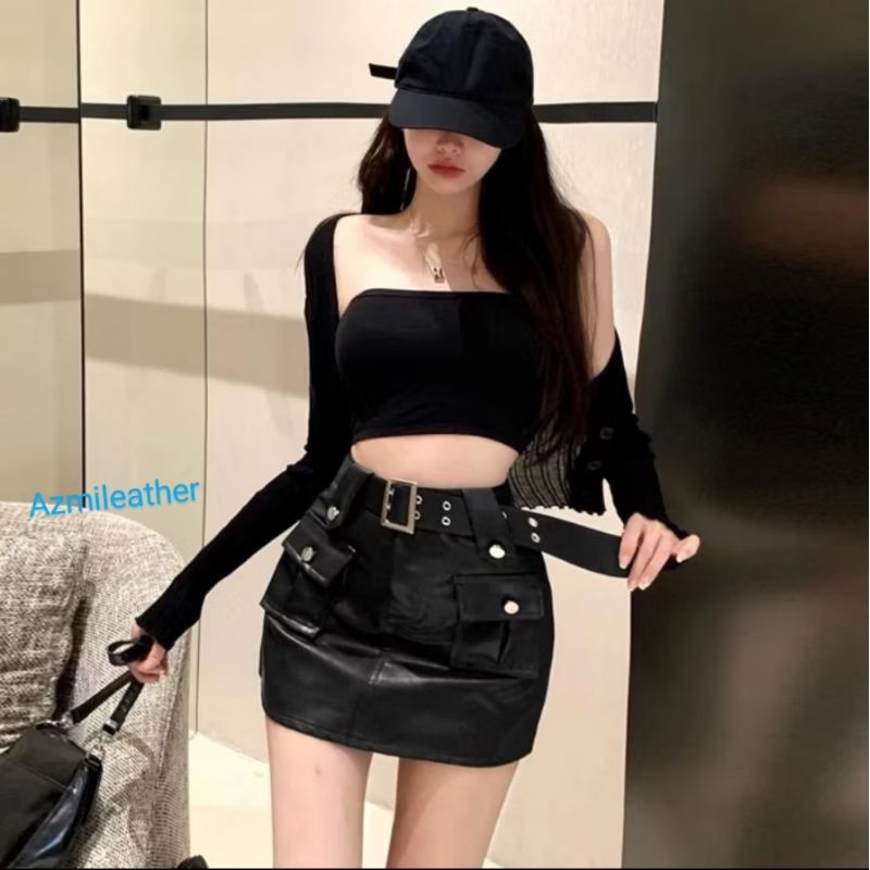 rok kulit / leather skirt wanita pinggang sexy / rok kulit Korean style