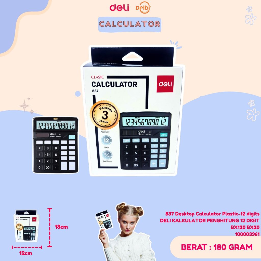 

837 Desktop Calculator Plastic-12 digits DELI KALKULATOR PENGHITUNG 12 DIGIT