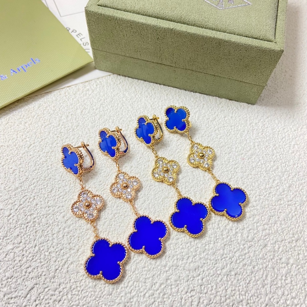 ❤️COD 17k emas asli/Ada surat】Berlian chalcedony biru mempelajari tiga klip telinga bunga