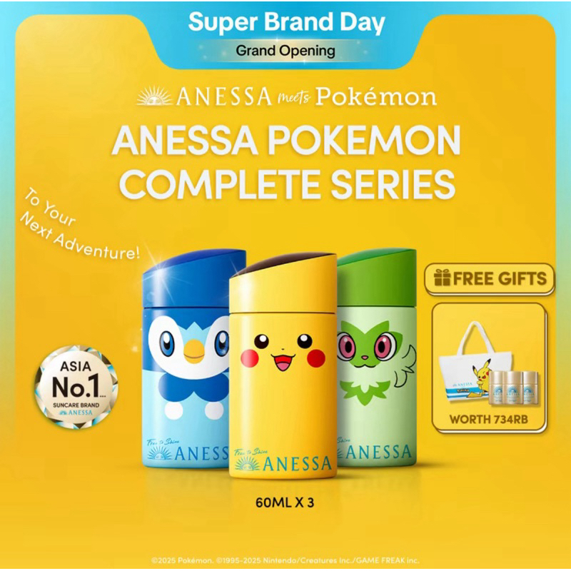 Pokemon Limited Edition Trio Anessa Perfect UV Sunscreen Skincare Milk 60ml Pikachu + Sprigatito + P