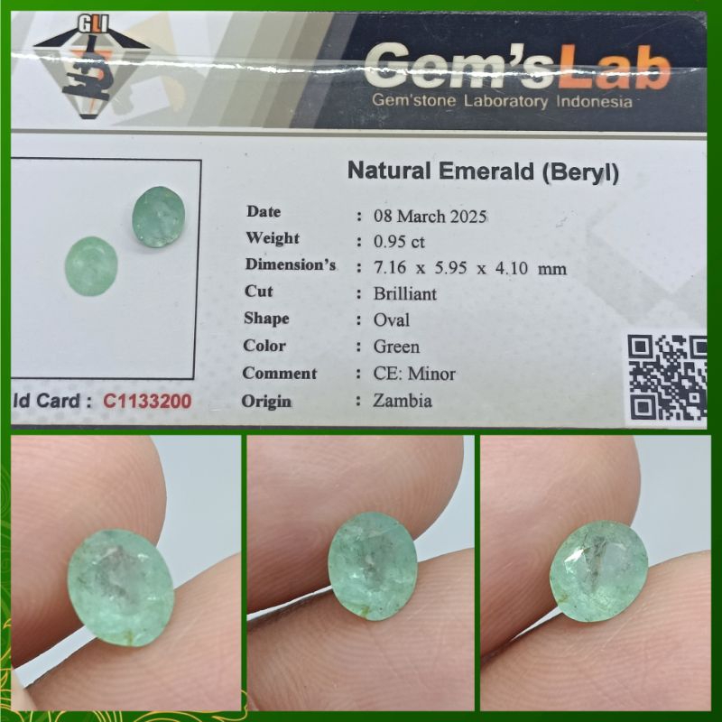 Natural Emerald Beryl Zambia 0,95ct Kristal memo GLI Zamrud Afrika Minor