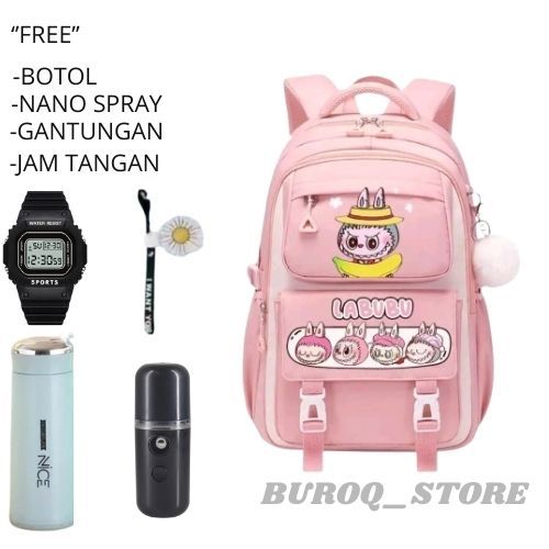 Tas Ransel Anak Perempuan LABUBU Bags Tas Sekolah Anak SD Free Botol Minum Nano Spray Jam